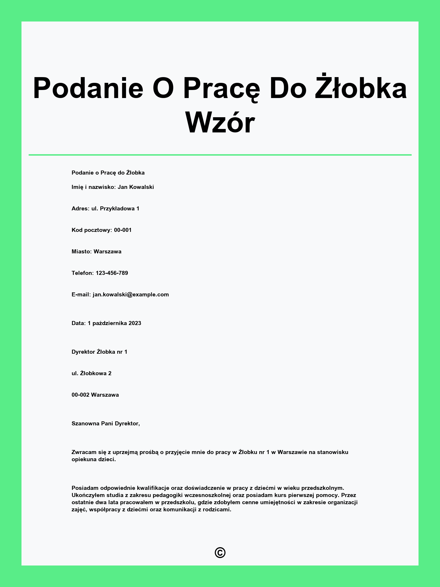 Podanie O Pracę Do Żłobka Wzór