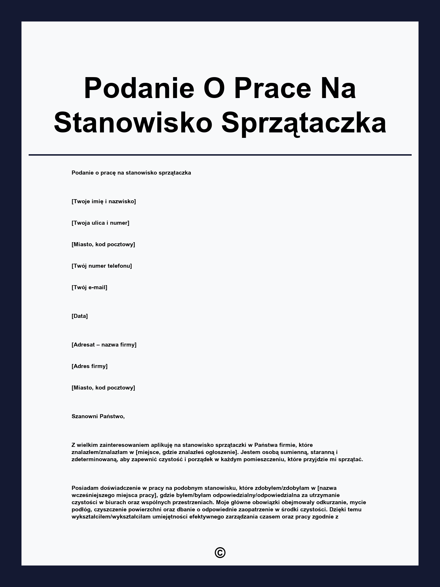 Podanie O Prace Na Stanowisko Sprzątaczka