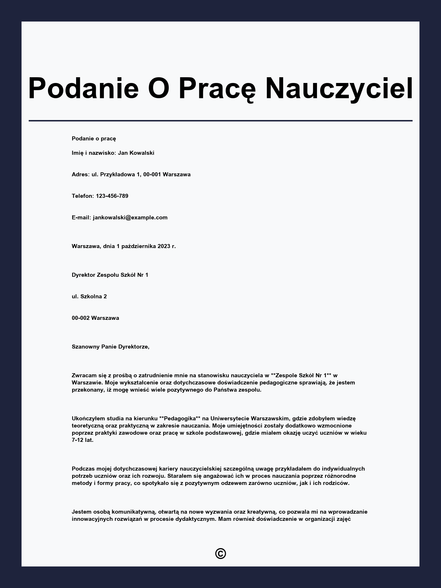 Podanie O Pracę Nauczyciel