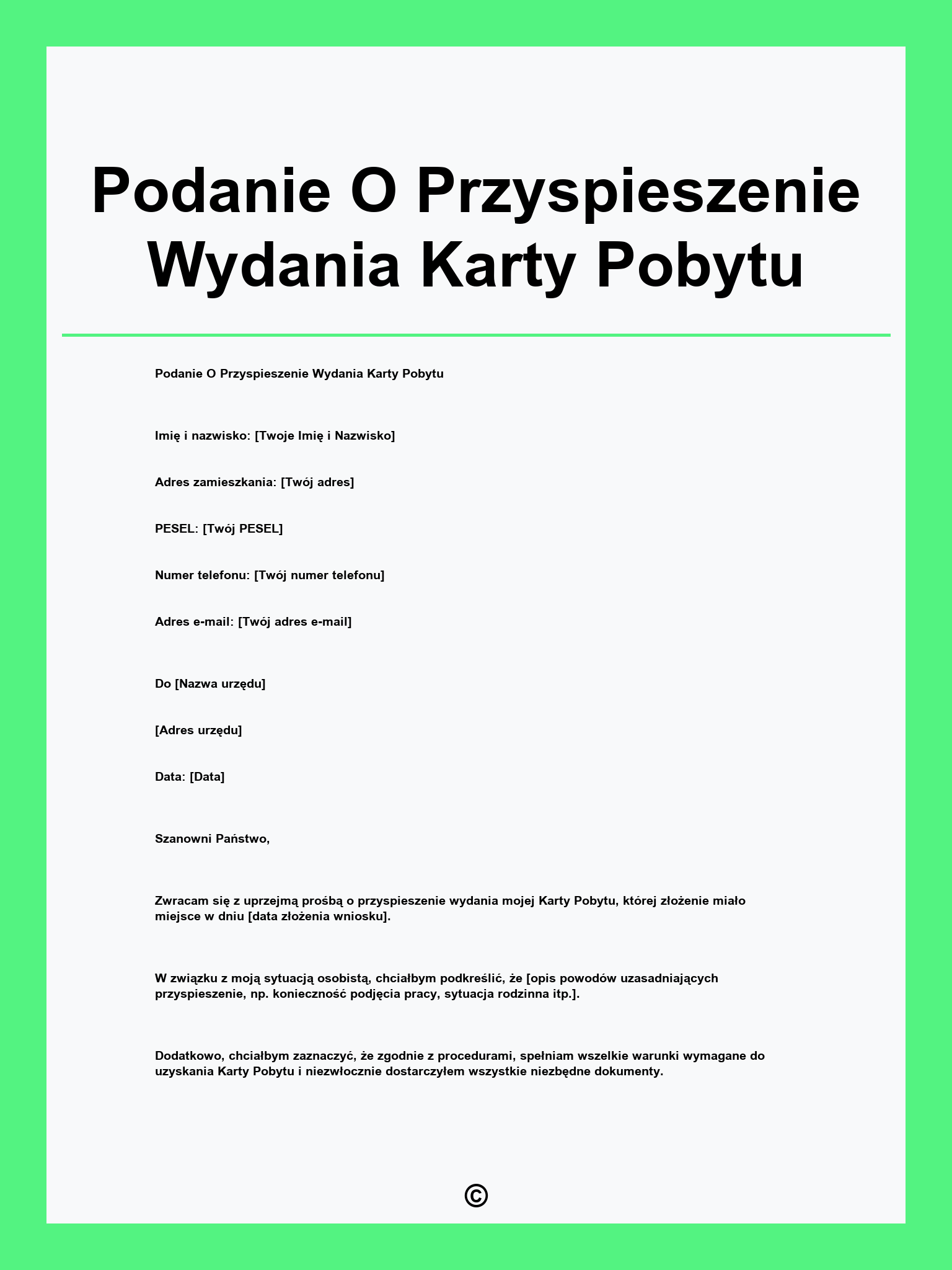Podanie O Przyspieszenie Wydania Karty Pobytu