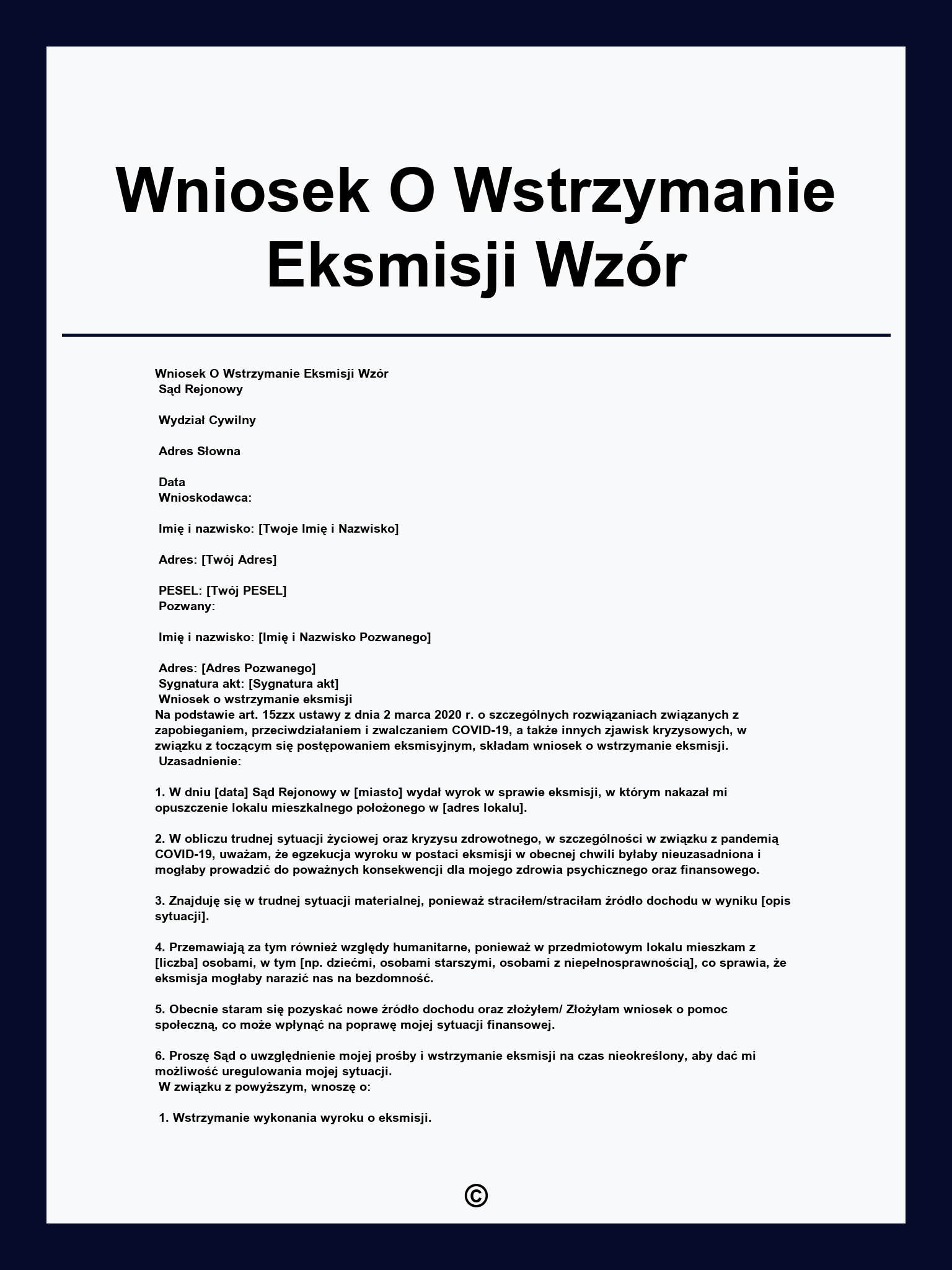 Wniosek O Wstrzymanie Eksmisji Wzór